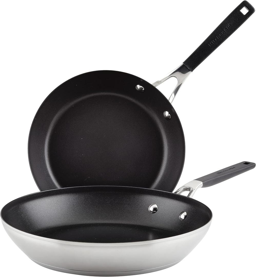 KitchenAid Stainless Steel Nonstick Frying Pans/Skillet Set, 9.5 Inch and 12 Inch - Brushed Stainless Steel