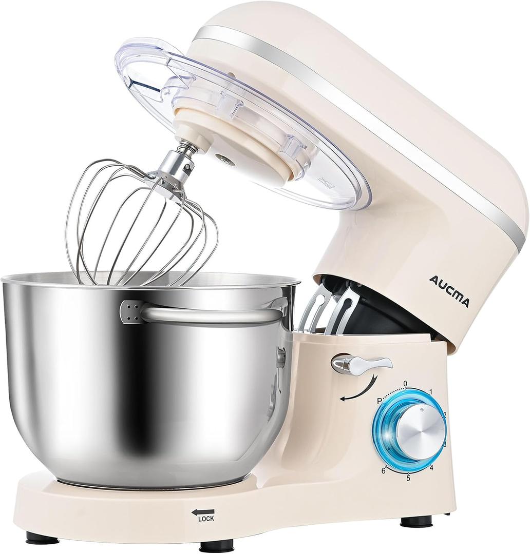 Aucma Stand Mixer,6.5-QT 660W 6-Speed Tilt-Head Food Mixer, Kitchen Electric Mixer with Dough Hook, Wire Whip & Beater (Almond Cream, 6.5QT)