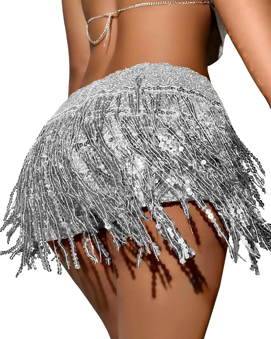 Women Tassel Skirts Shorts Sequins Hip Skirt Rave Party Halloween Cosplay Bar Belly Dance Festival Costume Nightclub Skirt (XL)