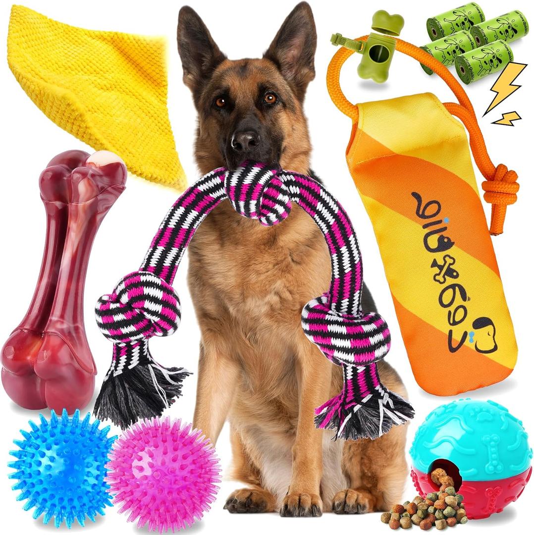 Zeaxuie 12 Pack Long-Lasting Heavy Various Dog Chew Toys Pack for Aggressive Chewers, Includes Dog Rope Toy, Squeaky Toys & Indestructible Chew Bone for Medium ,Large & X-Large Breeds Dogs (Colorful)