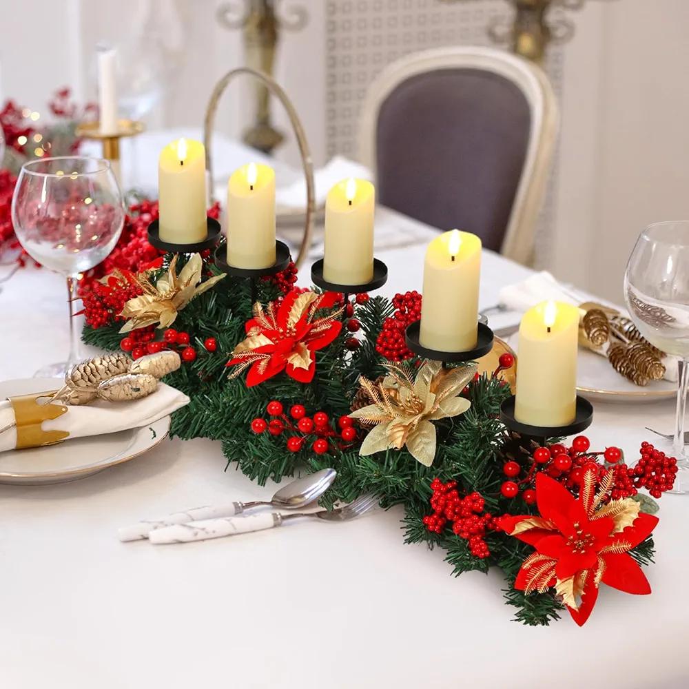 Sliner Christmas Tabletop Centerpiece 29.5 Inch Christmas Poinsettia Candle Holder with 5 Battery Operated LED Flameless Candle Artificial Christmas Table Decorations with Pine Cones Red Berries