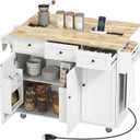 HOMCOM Rolling Kitchen Island with Power Outlet and Drop Leaf, 53" Island Table with Wood Top, 3 Drawers, Adjustable Shelf, Spice & Towel Rack, Kitchen Cart on Wheels, White