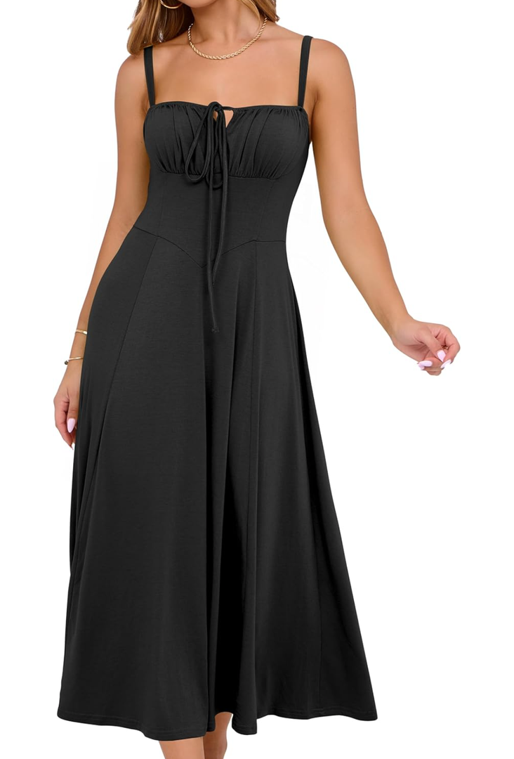 YATHON Women's Summer Midi Corset Boho Dresses Casual Floral Spaghetti Straps Lace Up Dress Flowy Aline Beach Sundress Size L Black