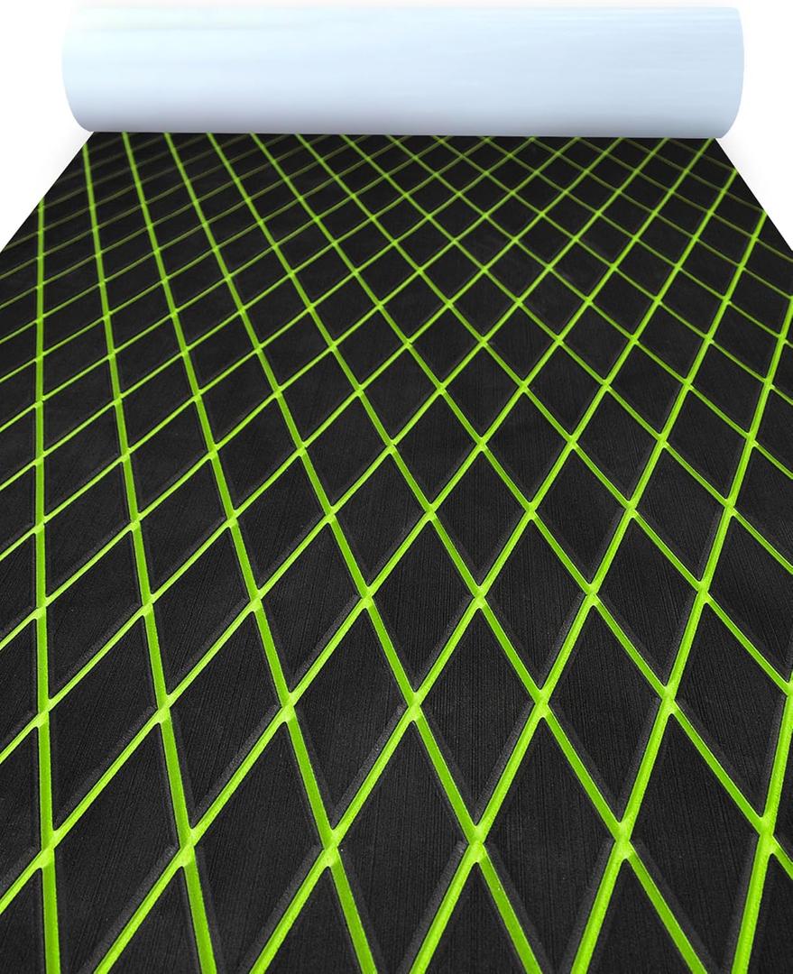 KXKZREN EVA Foam Boat Flooring Decking Sheet 6mm Thick Diamond Anti-Slip Marine Flooring Mat Self Adhesive Deck Pad for Bass Boat Yacht Motorboat RV Cooler Tops,47.2" x 94.5" / 27.6"x74.8" (Black with Green Diamond Seam Lines)