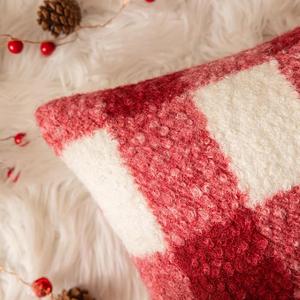 AQOTHES Red White Plaid Christmas Throw Pillow Covers 18x18 Inch, Boucle Decorative Pillow Covers,Cozy Fluffy Home Living Room Farmhouse Decor for Sofa Couch Bed 1 Pack