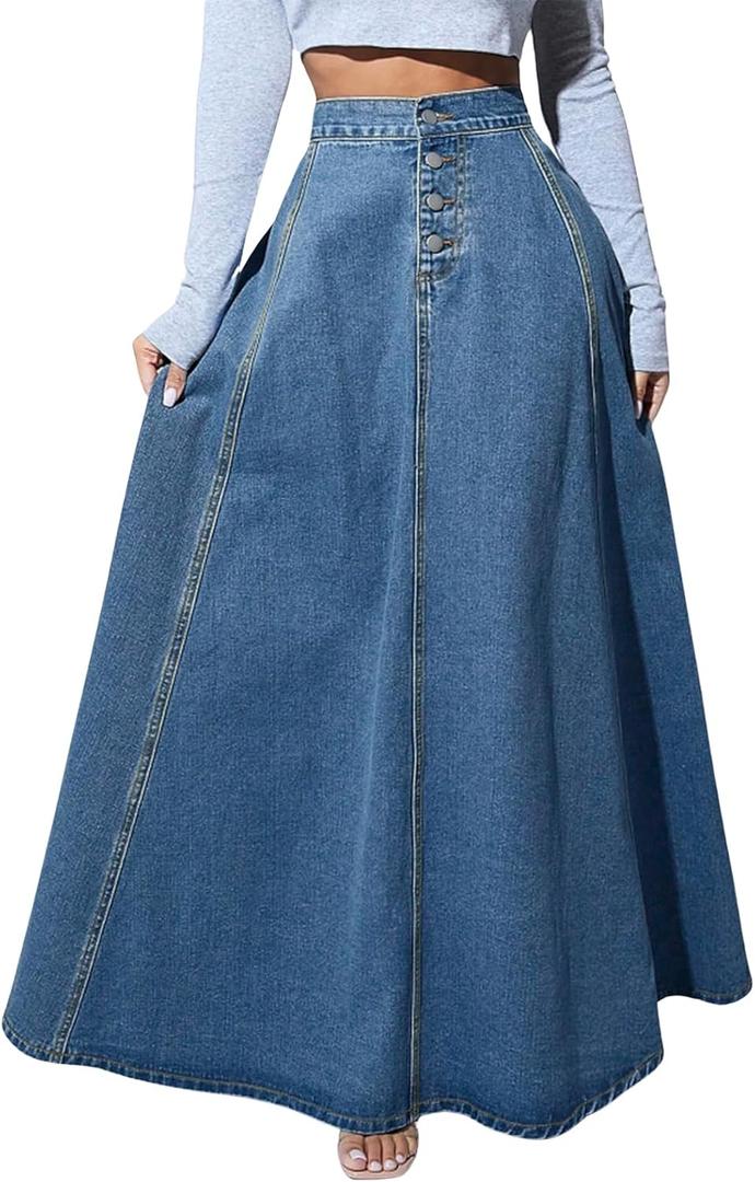 ebossy Women's Retro High Waisted Button Fly Flared Long Jean Skirts Pleated Flowy Swing A-line Denim Maxi Skirts (XXL, Blue)