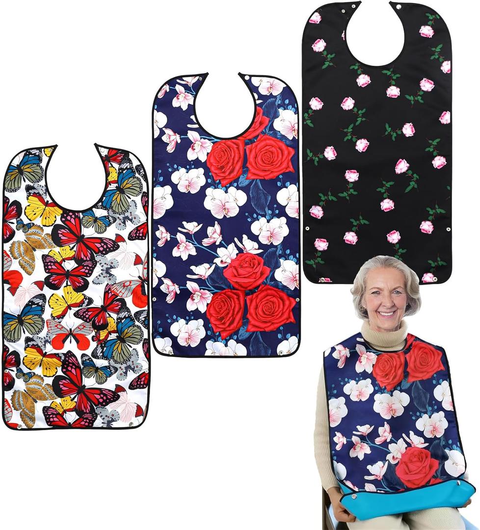 Pafusen 3 Pack Adult Bibs for Women, Reusable Adult Bibs for Eating with Optional Crumb Catcher, Waterproof Washable Dining Clothing Protector, Gifts for Women/Mom (Flower Butterfly Pink Flower)