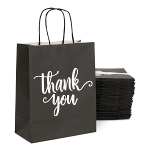 Sparkle and Bash 50 Pack Medium Black Thank You Paper Bags with Handles for Boutique, Small Business (10 x 8 x 4 In) - Black Thank You Bags