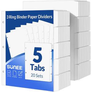 SUNEE Binder Dividers with Tabs for 3 Ring Binder, 8.5 x 11 Paper White Binder Dividers Blank with 5 Tabs, 20 Sets Page Dividers for School, Office and Home, 100 Dividers