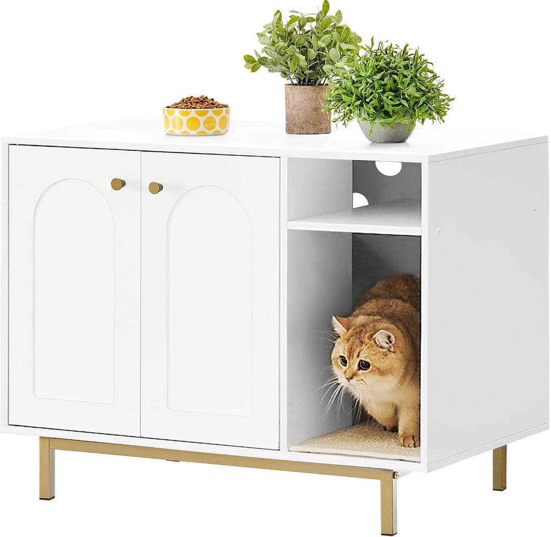 Hzuaneri Cat Litter Box Enclosure, Hidden Litter Box Furniture with Storage, Large Wooden Cabinet with Scratch Pad, Modern End Table for Living Room, Bedroom & Entryway, White and Gold, 31.4"L x 19.6"W x 24"H