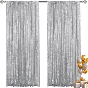 Silver Sequin Backdrop Curtain 2 Pieces 2FTx8FT Glitter Photography Backdrop for Party Wedding Birthday Christmas Decorations