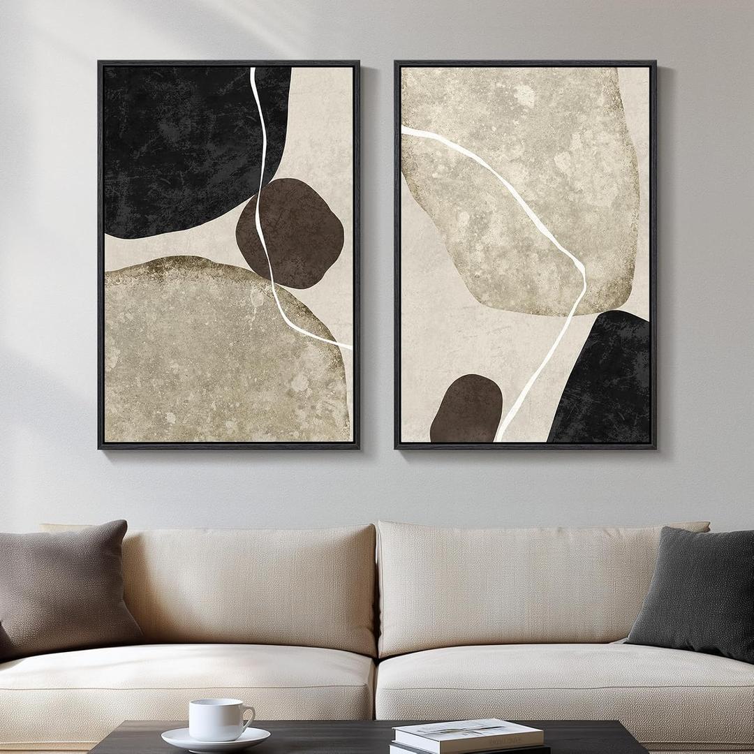 Framed Neutral Abstract Wall Art Set of 2, Modern Black Beige Brown Canvas Prints Paintings Artwork for Walls, Minimalist Stone Shape Pictures for Bedroom Dining Room Living Room Wall Decor 16x24 In, 16" W X 24" H X 2pcs