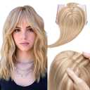 Elailite Hair Toppers for Women Real Human Hair Topper with Bangs Thinning Thin 5.1"x2.8" Silk Base Clip in Remy Hairpieces 16 Inch Golden Brown mix Bleach Blonde