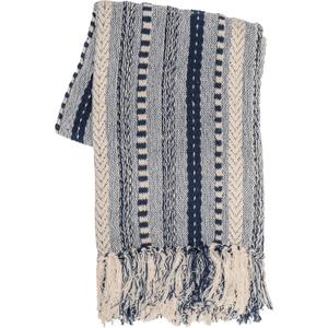 RAJRANG Cotton Braided Striped Throw Blanket 50x60 Inches Soft Cozy Navy Blue Blanket with Decorative Tassels for Sofa Couch Chair Bed Home Decor