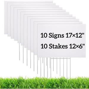 Goaste 10 Pack Blank Yard Signs with H Metal Stakes, Real Estate Garage Sale Signs Double Sided, Corrugated Plastic Lawn Signs for Birthday, Wedding, Campaign, Parking(White, 17 x 12 Inch)