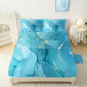 Blue Marble Sheets Set Queen Size Aesthetic Marbling Kids Bedding for Girls Teens Bedroom Bed Chic Fitted Sheets Bedspread Set with 1 Flat Sheet 1 Fitted Sheet 2 Pillowcases