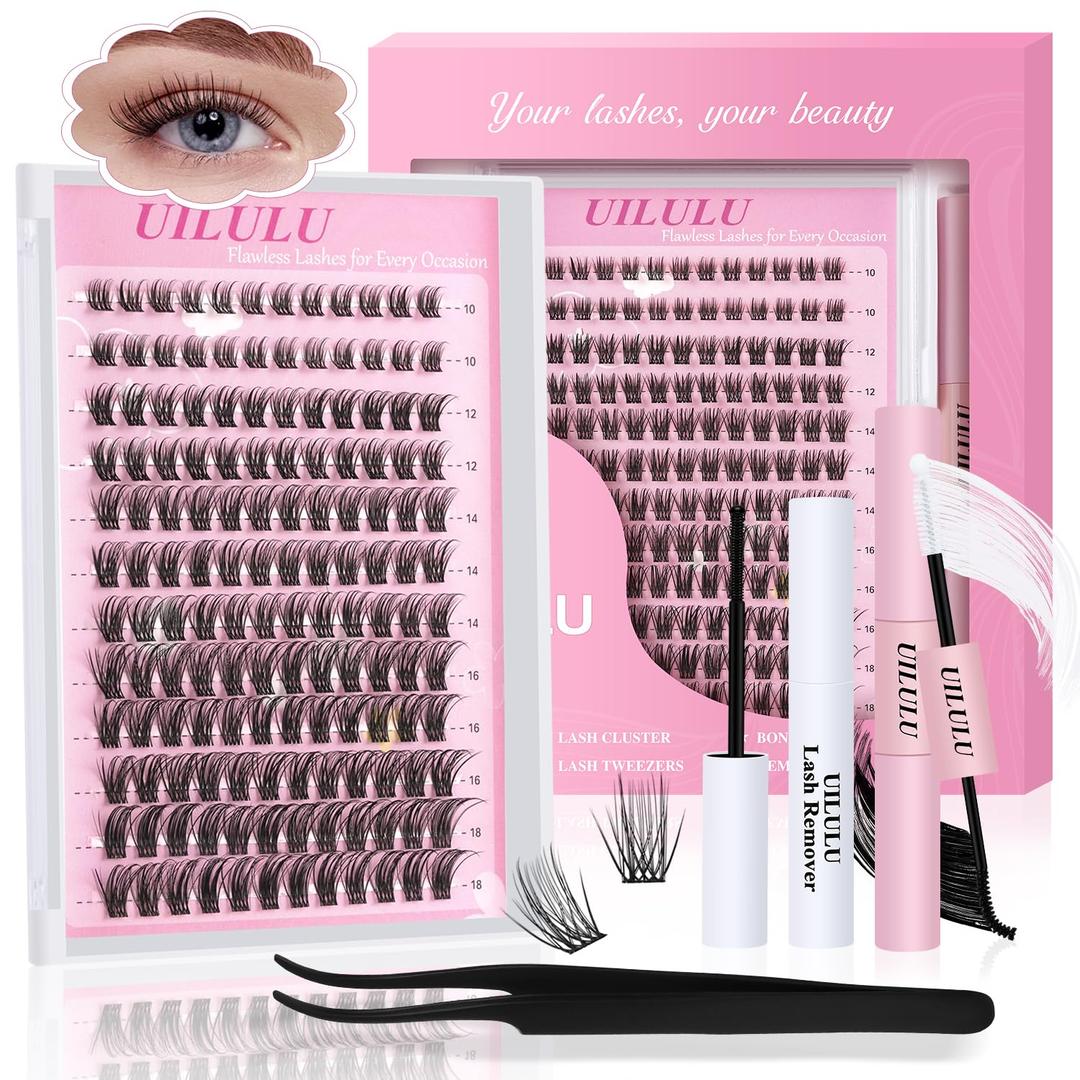 Natural Wispy Lash Clusters Kit 10-18mm Mix D Curl DIY Extension Eye Lashes False Wispy EyeLash Cluster with Bond & Seal, Glue Remover, Tweezers(U14 Lash Kits)