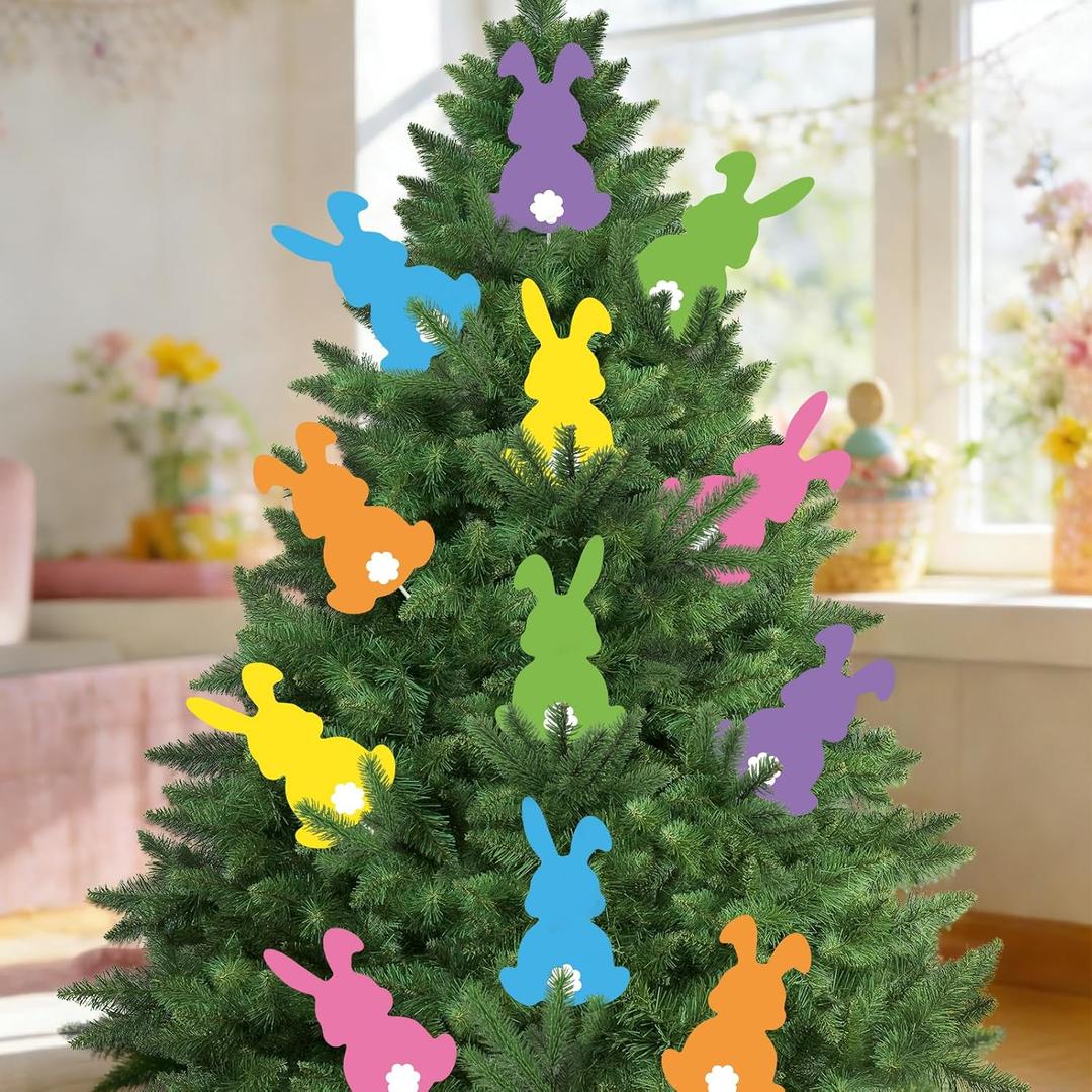 12 PCS Easter Tree Picks Bunny Egg Tree Signs with Stakes Cute Easter Tree Topper Vase Decor, Hanging Ornaments for Spring Party Decorations 7.8 x 5.7 inch (Bunnies)