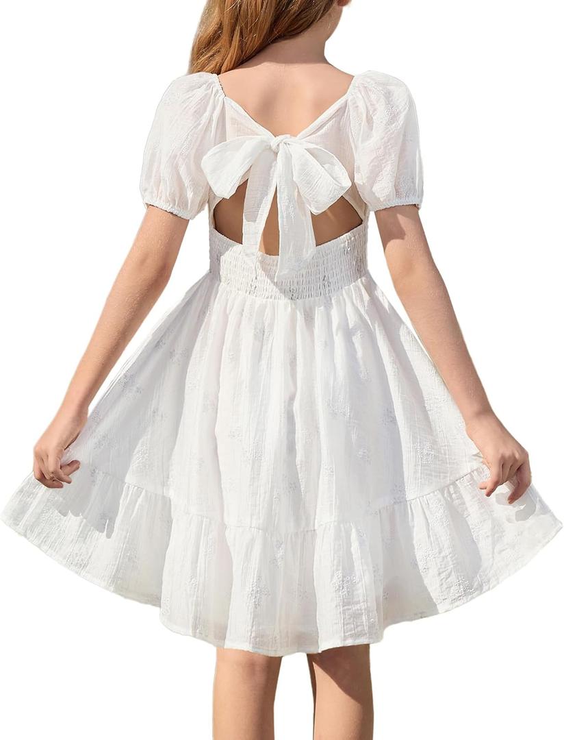 3 x GRACE KARIN Girls Summer Tie Back Dress Square Neck Lantern Sleeve Ruffle Hem Elegant Dresses for 7-14 Years (White)