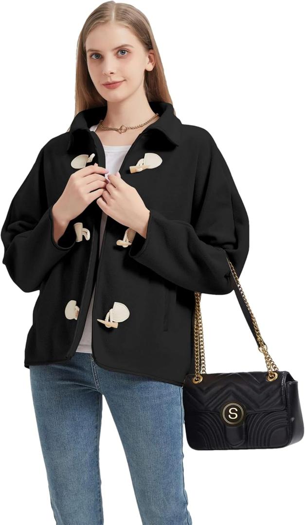 Womens Soft Polar Fleece Jacket Lightweight Long Sleeve Horn Button Warm Shacket Coat Comfortable Outerwear (Black, S)