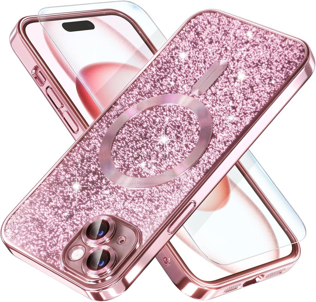 Misea Magnetic for iPhone 15 Case Compatible with MagSafe [Military Grade Drop Protection] Full Camera Lens Protector Plating Glitter Soft Phone Case for Women Girls, Pink