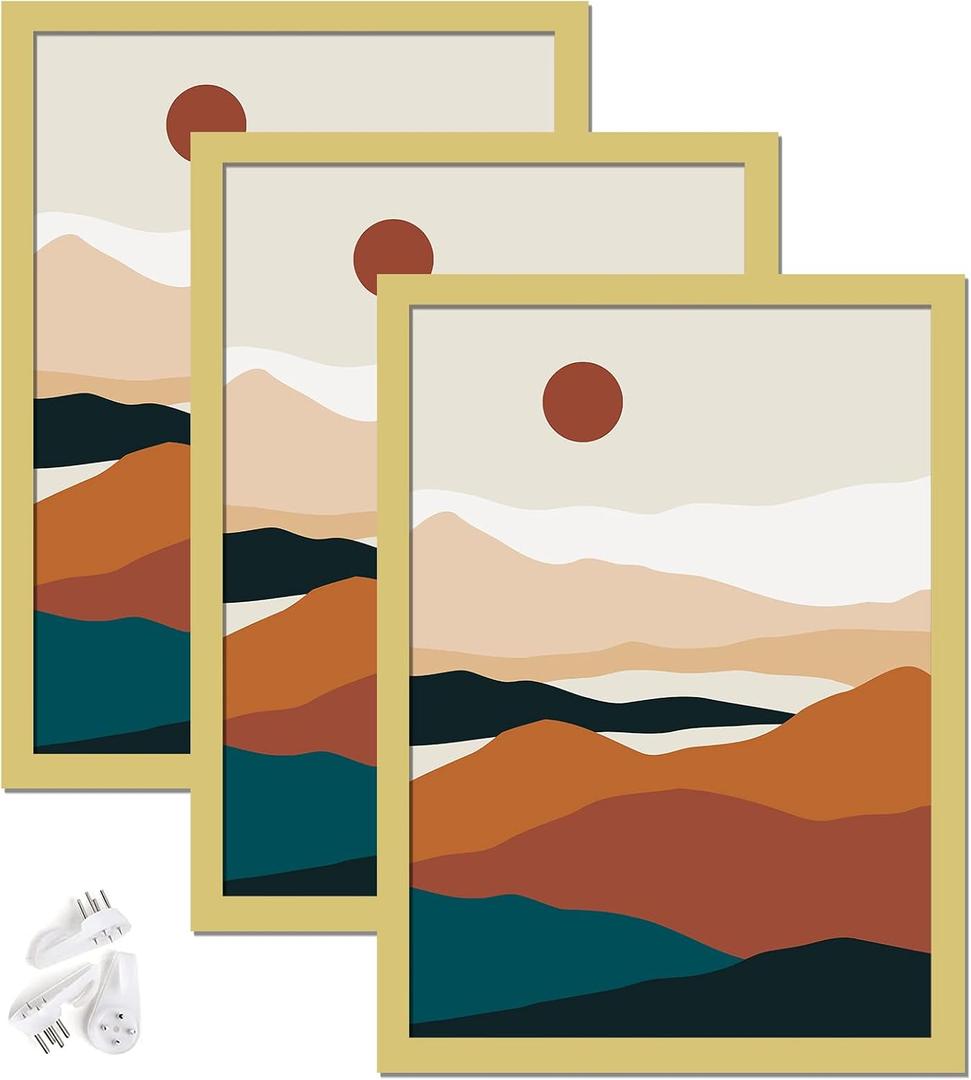 Gold 12x16 Picture Frame Set of 3, High Transparent Frame for 12 By 16 Photo Collage Canvas Poster Size Wall Mount and Tabletop Horizontally Vertically (Gold, 12 x 16 inches)