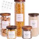 5 Set Glass Pantry Storage Jars with Acacia Airtight Lid - Thicken Glass Kitchen Canisters with 132 Pantry Labels - Clear Glass Food Storage Containers with Wood Lid for Tea,Sugar,Candy,Cookie,Pasta