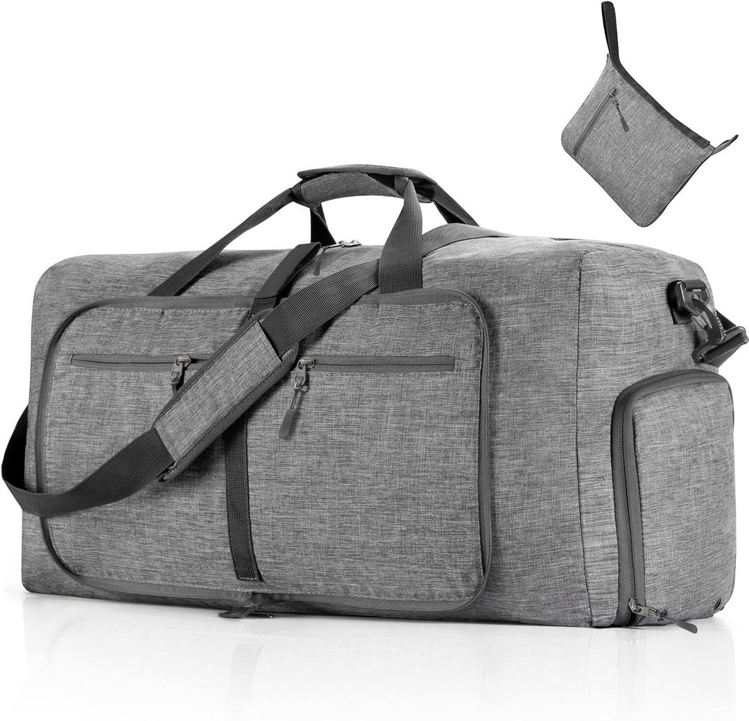 Vomgomfom Travel Duffle Bag for Men, 65L Foldable Travel Duffel Bag with Shoes Compartment Overnight Bag for Men Women (A Gray)