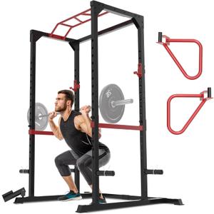 Fitness Reality Power Cage Squat Rack with Optional LAT Pulldown, Cable Crossover, 800 lb Capacity, Multi-Grip Pull-Up Bar, Adjustable Safety Bars, Strength Training for Home Gym