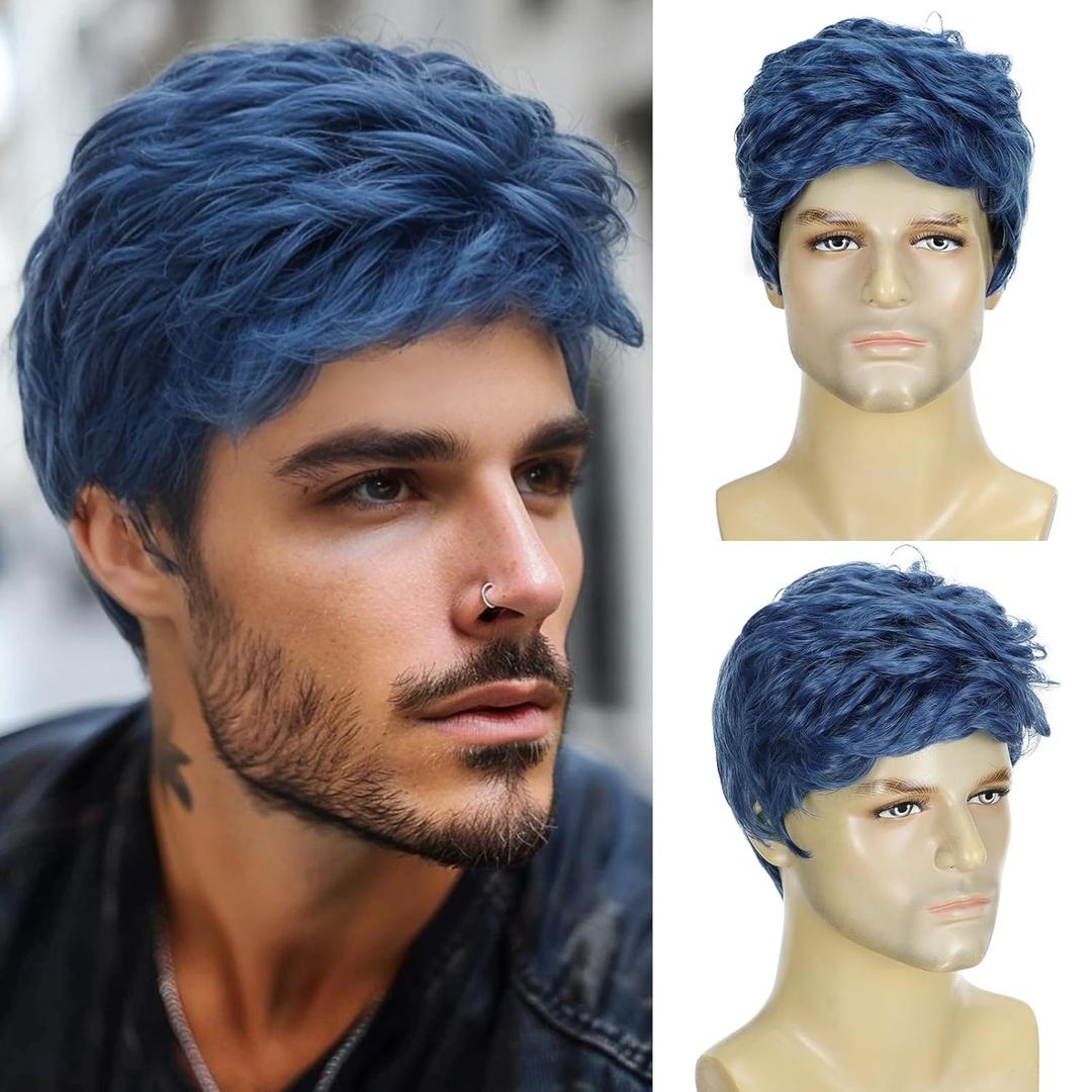 DDHAIR Short Dark Blue Wig Men, Natural Wavy Textured Synthetic Heat Resistant Wigs for Mens Cosplay Halloween (Blue)