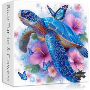 Sea Turtle Puzzles for Adults 1000 Piece, PICKFORU Flower Animal Art Jigsaw Puzzles Nature, Unique Floral Butterfly Blue Turtle Puzzles for Adults