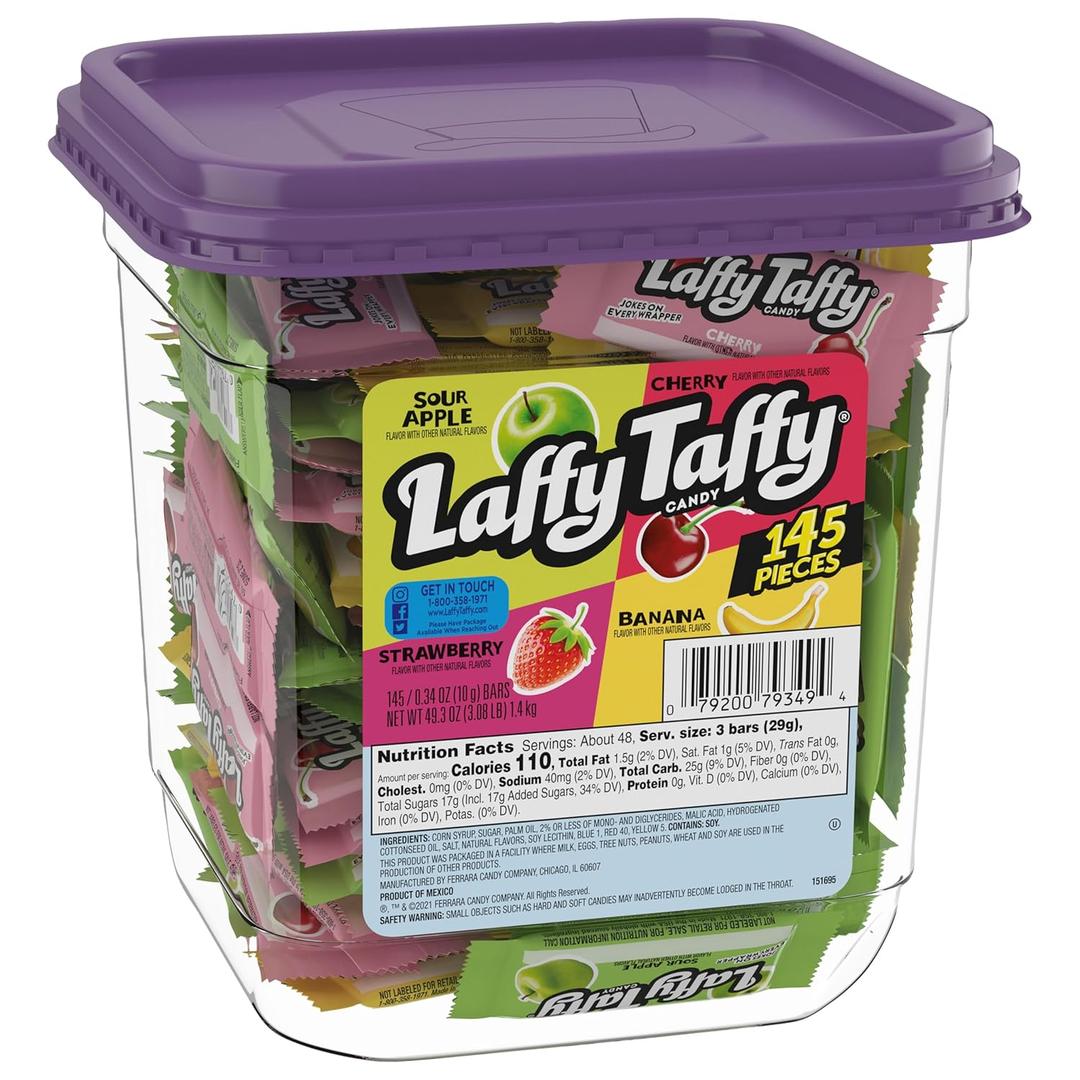 Laffy Taffy Candy, Assorted Fruit Flavored Taffy Candy, Sour Apple, Cherry, Strawberry & Banana Flavors (145 Pieces), 49.3 Ounce (EXP 08/30/28)