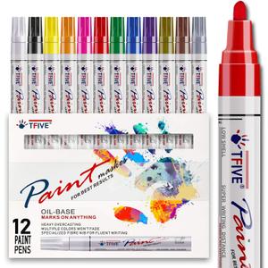 TFIVE Paint Pens Paint Markers Never Fade Quick Dry and Permanent, 12 Color Oil-Based Waterproof Marker Pen Set for Rock Painting, Ceramic, Wood, Fabric, Plastic, Canvas, Glass, Mugs