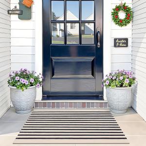 OLANLY Beige and Black Striped Rug 2' x 3' (24" x 36")  Washable Cotton Doormat for Indoor Outdoor Use, Layered Front Porch Rug for Entryway, Kitchen, Patio