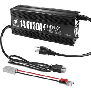 E-FAST 12V 30A Lithium Battery Charger, 14.6V LiFePO4 Battery Charger with Premium Aluminum Housing - 0V Activation for Golf Cart, RV, Marine, Boat, Trolling Motor - Includes Anderson Connector