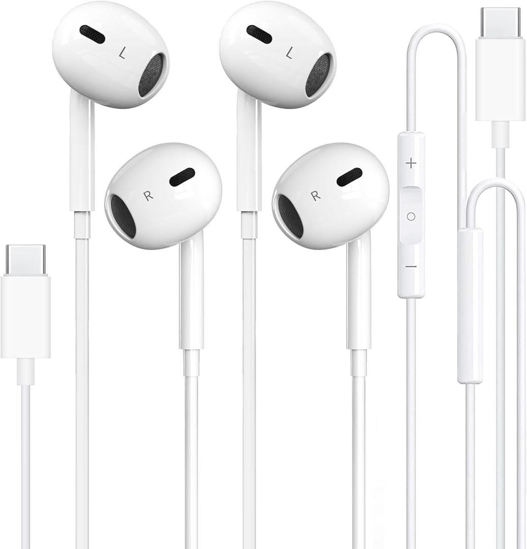 2 Pack-USB C Headphones Wired for iPhone 16/15, Type C Earphones with Microphone & Remote Noise Cancelling Earbuds for iPhone 15 Pro Max, iPad, Galaxy S23/S22/S21/S20/Ultra Note 10/20, Pixel 7/6/5/4 (White)