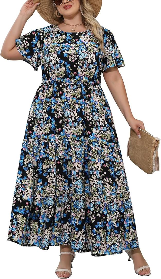 Nemidor Plus Size Maxi Dresses for Curvy Women Summer Casual Boho Ditsy Floral Print Layered Flared Long Dress with Pocket, 16
