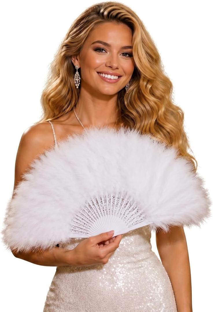 Handheld Feather Fan, 1920s Vintage Style Flapper Hand Fan for Costume Party and Dancing Flapper Hand Fan for Costume Dancing Show Tea Party Wedding Decoration (White)