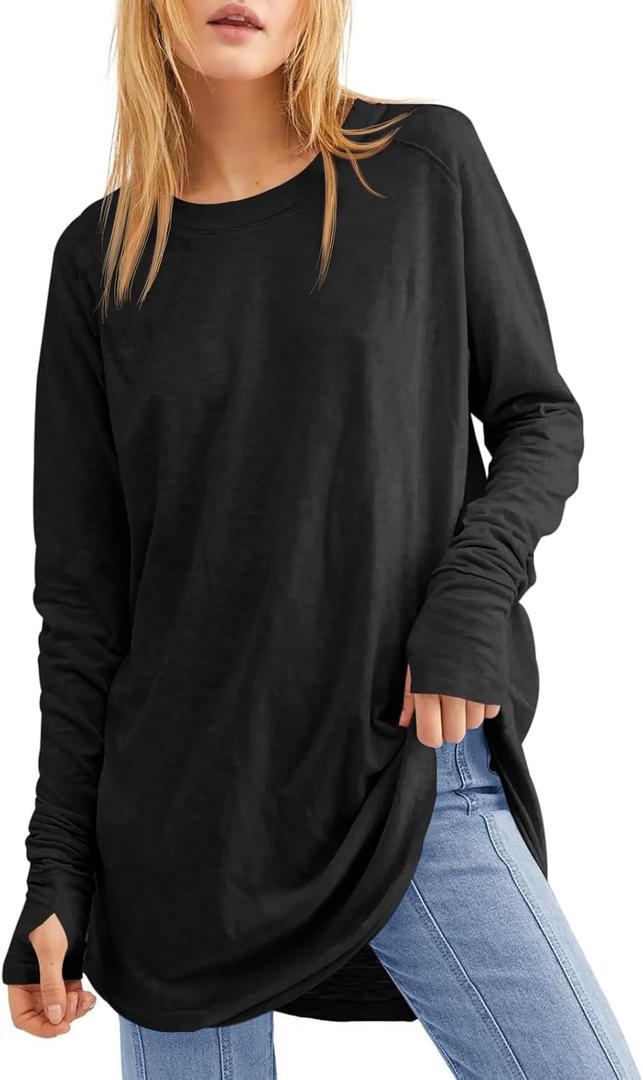Fisoew Women's Casual Long Sleeve Tops Crew Neck Round Hem Loose T-Shirts Tunic Tops with Thumb Holes (Black, XXXL)
