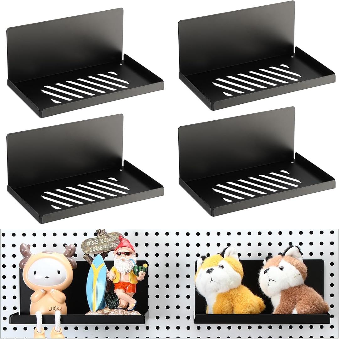 Therwen 4 Pack Magnetic Pegboard Shelves Wall Organizer Metal Pegboard Shelf Steel Tray Accessories Organizing Tools for Craft Home Kitchen(8 x 4.7 x 3.5 Inches,Black)