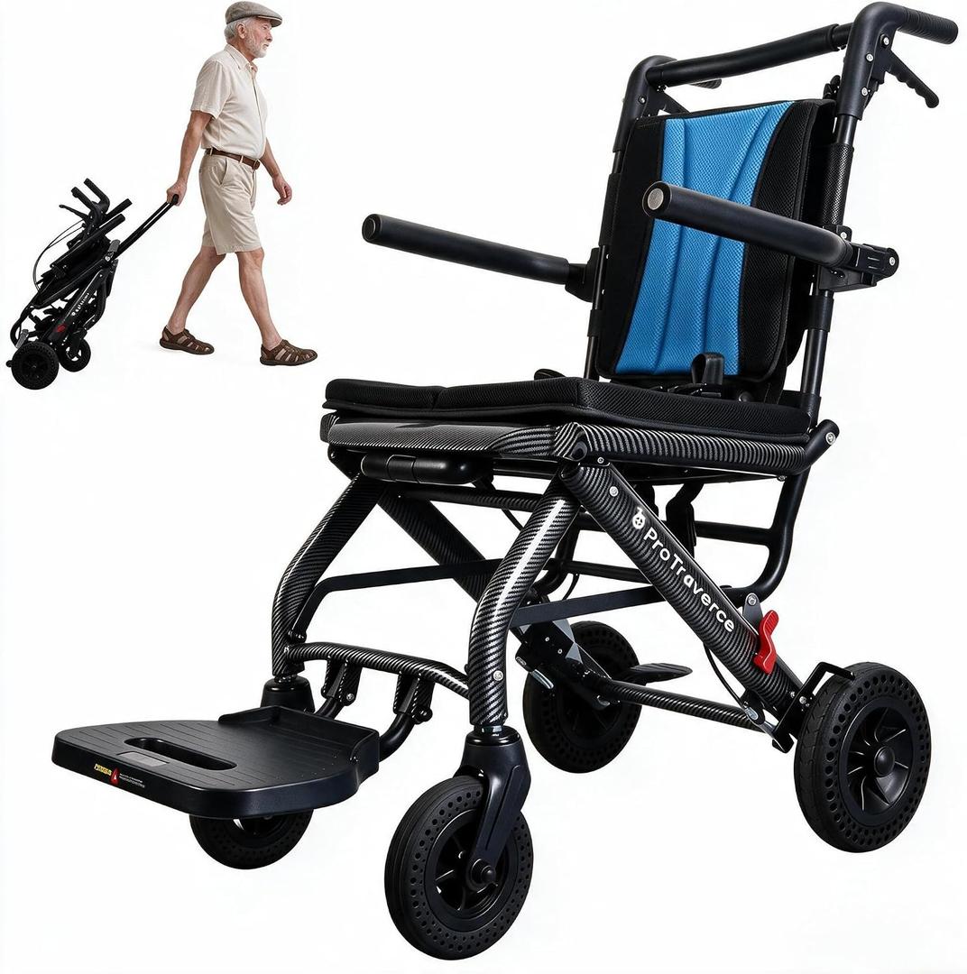 Wheelchair for Adults,Transport Wheelchair Lightweight Foldable for Seniors - Portable Travel Chair with Telescopic Handle, Portable Travel Transfer Wheel Chairs with All-Terrain PU Wheels, Blue