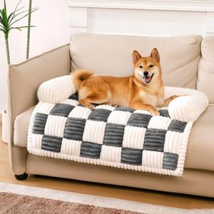 FUNNY FUZZY Pet Couch Covers for Sofa, Dog Couch Bed Washable Plush Pets Mat for Furniture Protector Cream Square Plaid Cozy Sofa Pad for Cats, Black (33.5"L x 30.5"W x 5.5"Th)