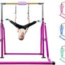 kechery Foldable & Moveable Gymnastics Horizontal Bar with Rings, 3’to 5’Adjustable Height Expandable Junior Kip Bar for Home, Indoor Gym Equipment for Kids (Foldable Purple with Rings)