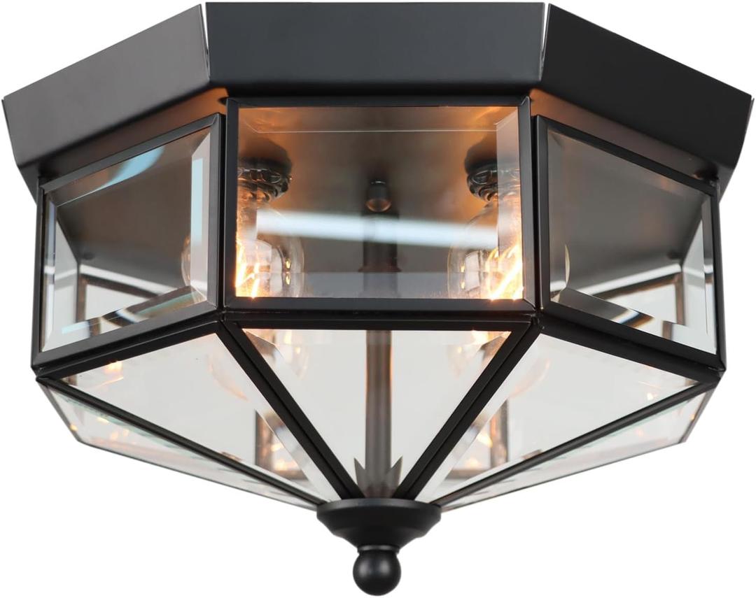 Flush Mount Outdoor Ceiling Light Fixture, 4 Light Exterior Porch Ceiling Lights with Clear Glass, Black Farmhouse Lighting for Indoor Hallway Kitchen Stairway (E12 Base)