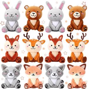 12 Pcs Mini Woodland Stuffed Animals Bulk 4'' Woodland Cute Animal Plush Toys Bear Rabbit Raccoon Fox Deer for Valentine Wedding Birthday Gifts Classroom Prizes Exchange Gifts