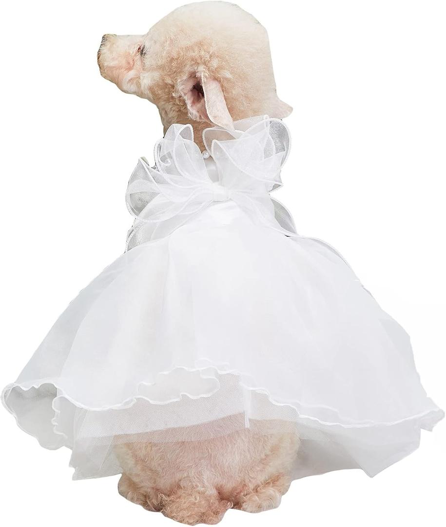 QWINEE Bowknot Decor Dog Dresses Contrast Mesh Kitten Puppy Princess Dress Small Medium Dog Kitten Skirt Costume Sundress White XL (X-Large)