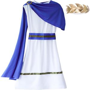 Grecian Toga Costume for Kids, Ancient Greek God Costume for Boys, Roman Nobility Cosplay Dress Up (3-7 Years, Blue White)