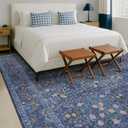 Washable Dark Blue Rug for Living Room - 10x12 Large Area Rug for Dining Room Under Table, Bedroom, Soft Low Pile Non-Slip Stain Resistant Carpet - Vintage Navy Floral Design