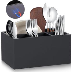 Magnetic Silverware Caddy Wooden Utensil Holder for Fridge Kitchen Counter Wooden Silverware Holder with 4 Compartments for Party, Countertop, Camping