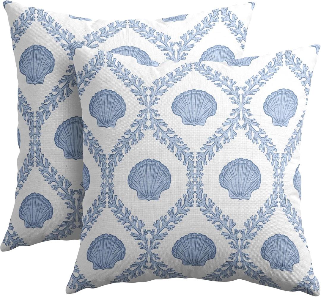 Light Blue Coastal Pillow Covers 18x18 Set of 2 Ocean Coral Shell Pattern Outdoor Decorative Linen Summer Throw Pillows Cases with Zipper Cushion Cover Rustic Decoration Farmhouse Sofa Couch Bed Decor